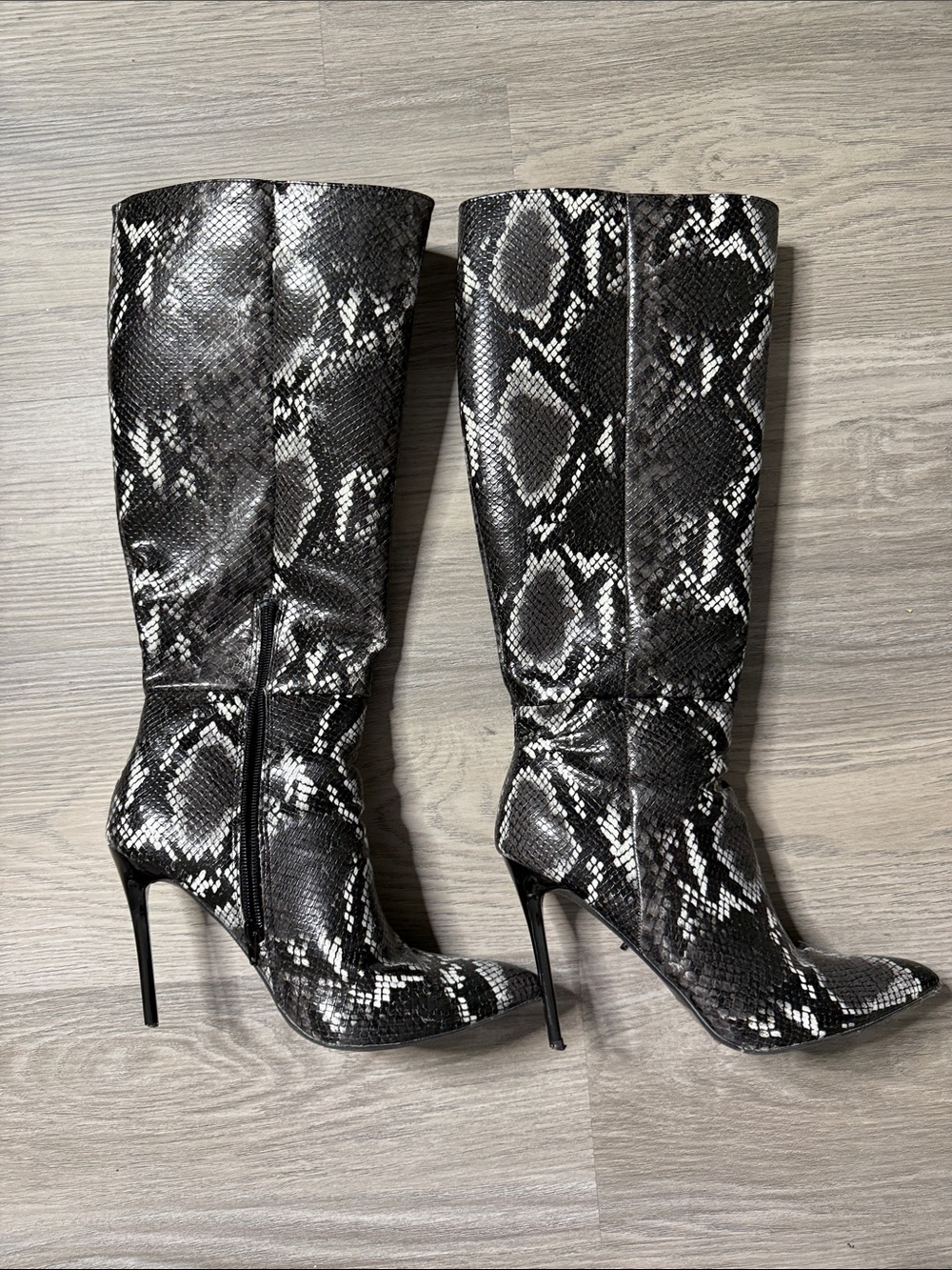 Snake-Print Black & White Knee-High Stiletto Boots